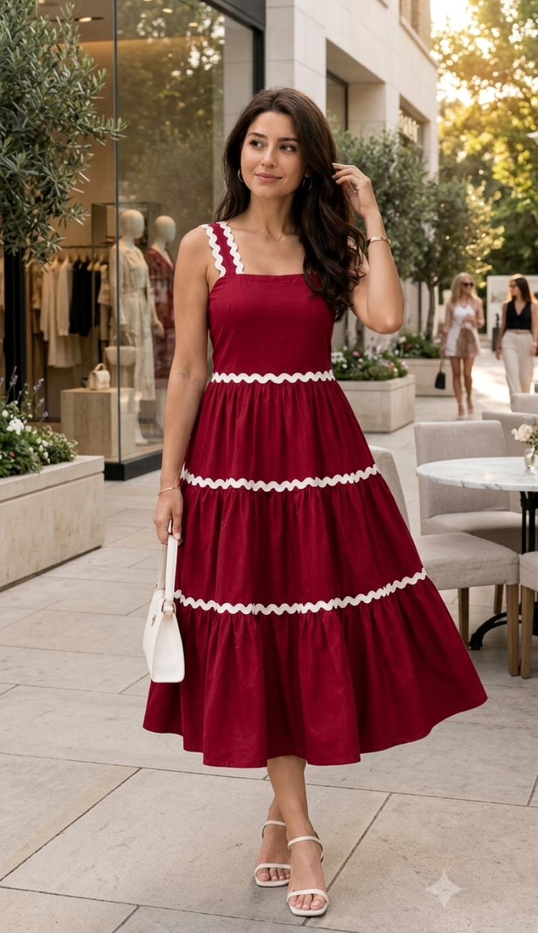 Scarlet Rickrack Tiered Midi Dress
