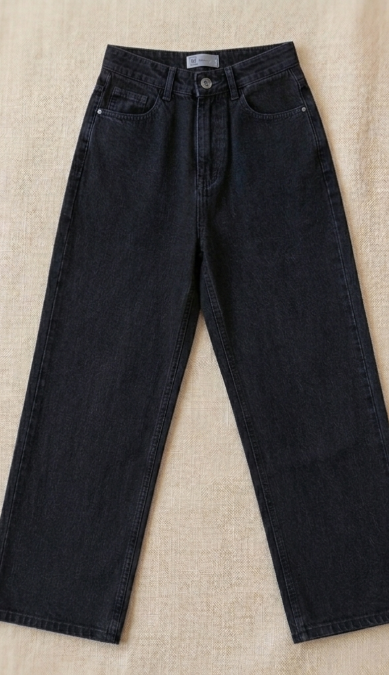 Faded Wide-Leg Jeans - Charcoal Black (Non-Lycra)