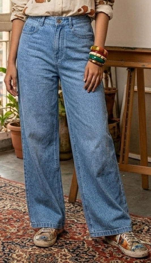Faded Wide-Leg Jeans - Light Blue (Non-Lycra)