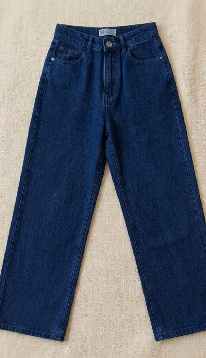 Faded Wide-Leg Jeans - Dark Blue (Non-Lycra)