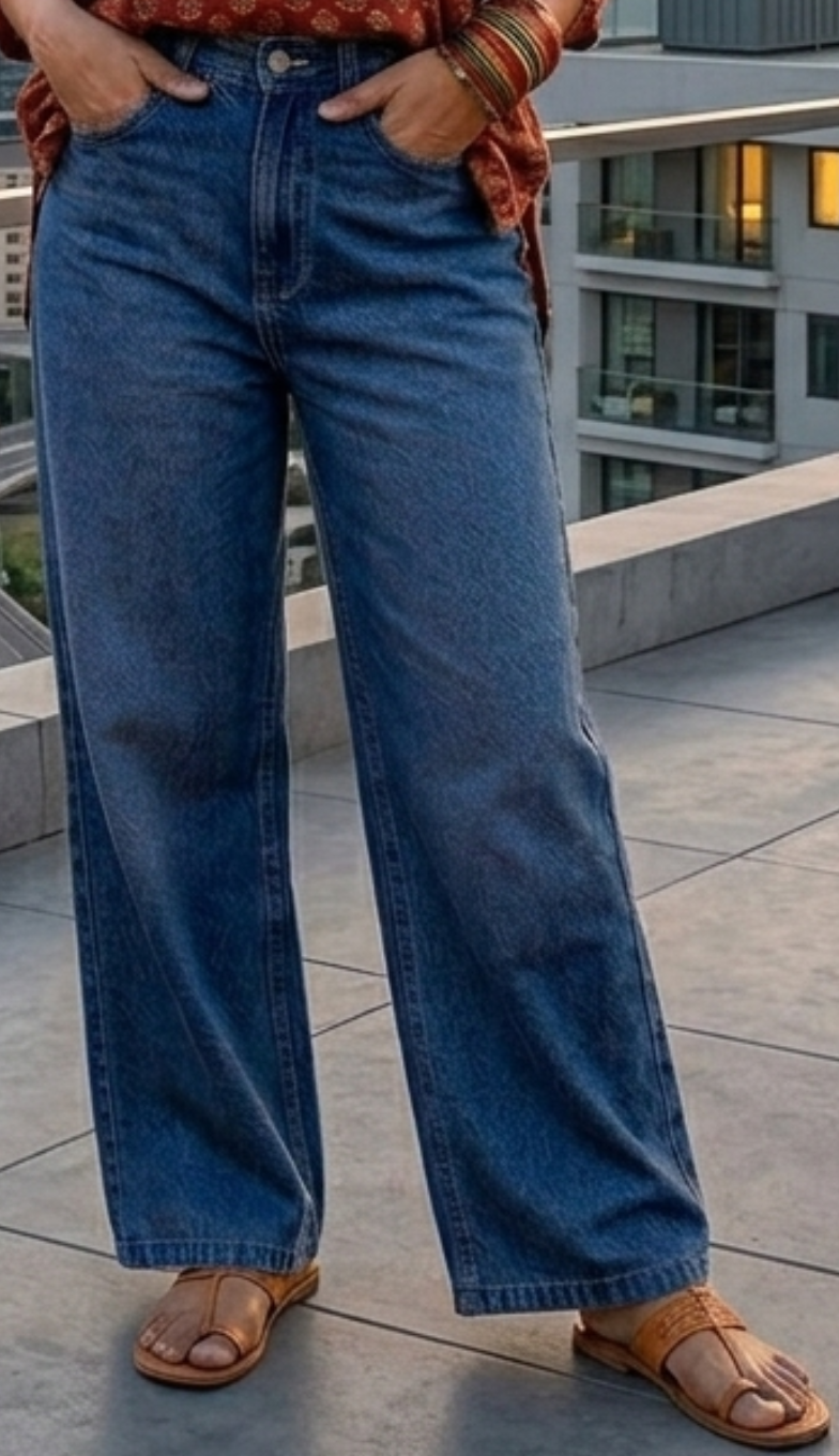 Faded Wide-Leg Jeans - Dark Blue (Non-Lycra)