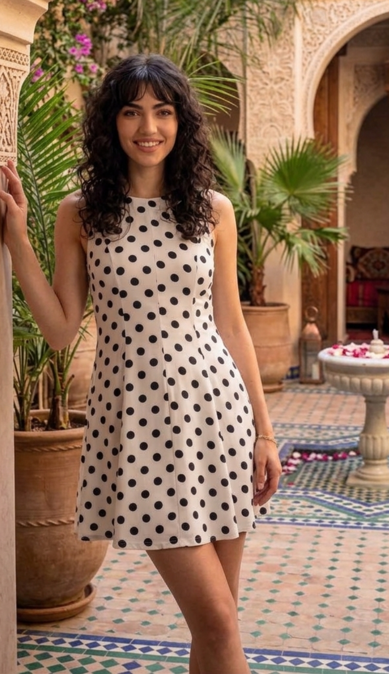 Polka Fit-and-Flare Mini Dress (White)