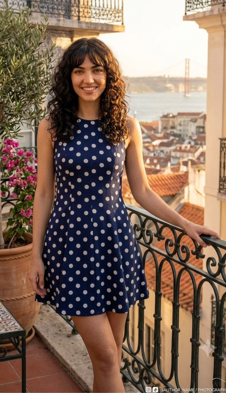 Polka Fit-and-Flare Mini Dress (Navy Blue)