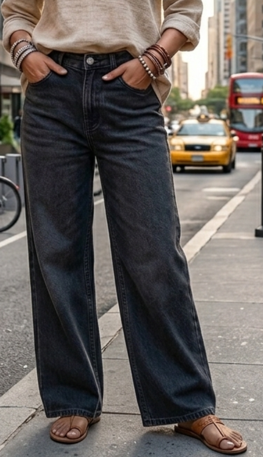 Faded Wide-Leg Jeans - Charcoal Black (Non-Lycra)